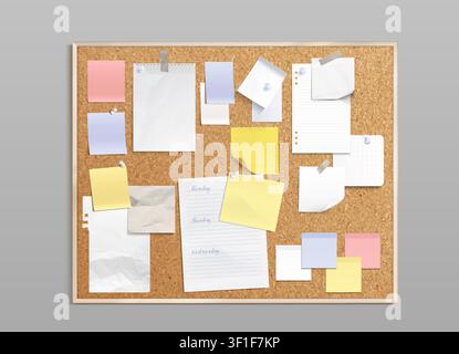 Realistic paper memo notes pinned to cork board. Vector illustration of torn and crumpled sheets, colorful sticky note pages and thumbtacks, office or school planner design, blank scrapbook stickers Stock Vector