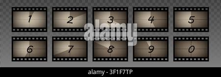 Vintage countdown timer with movie film strip frames and retro cinema screen numbers for classic projector animation, realistic vector beige, grey illustrations isolated on transparent background Stock Vector