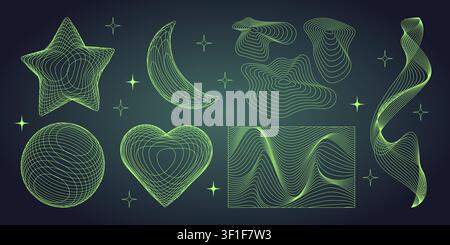3D geometric shapes with Y2K wireframe grid texture. Vector realistic illustration of neon green globe, heart, star, crescent icon, retro futuristic mesh landscape, design elements for tech background Stock Vector