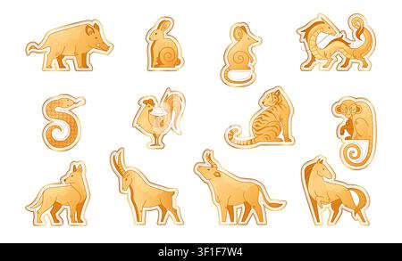 Chinese zodiac animals, abstract gold silhouettes, vector illustrations isolated on white background. Set of 12 horoscope signs, dragon, tiger, snake for lunar new year celebration, astrology design Stock Vector
