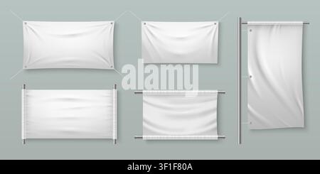 White fabric banner mockups set isolated on background. Vector realistic illustration of rectangular cloth canvas with folds and drape texture hang on metal frame, advertising textile pennant design Stock Vector