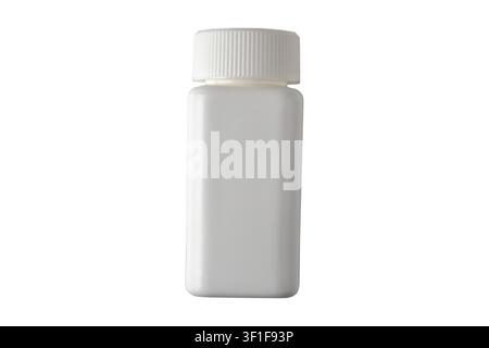 White plastic medicine or supplement bottle with a ribbed cap, square shape and rounded corners in flat lay, isolated on white. Clean packaging mockup Stock Photo