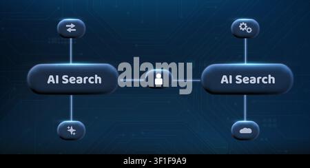 Ai workflow neon diagram with data nodes and user, automation search icons, abstract vector background. Modern technology infographic banner, intellig Stock Vector