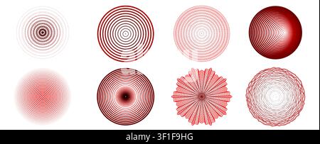Red concentric circles with ripple effect and radial waves, abstract vector signal icons isolated on white background. Dynamic circular pattern of tar Stock Vector