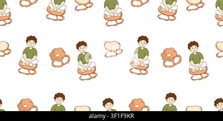 Active Sitting Balance Stool Seamless Pattern. Wobble Chair with Sitting Boy on White Background. Color Line Art. ADHD Therapy Tool Vector illustratio Stock Vector