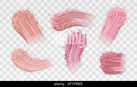 Set of vector realistic eyeshadow smear. Isolated makeup cosmetic swatch on transparent background. Blush brush stroke, beauty product samples. Broken powder sample texture. Stock Vector