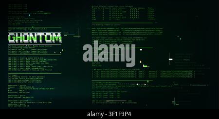 Programming code display with script elements and glitch effects on black background. Vector realistic illustration of green digital screen backdrop, software development, data structure lines Stock Vector