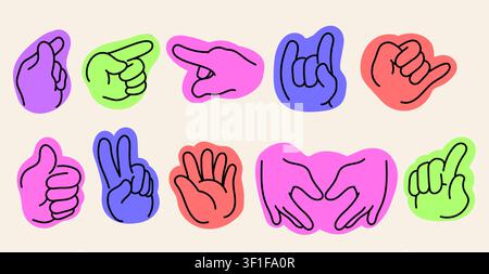 Doodle hand gesture icons set isolated on background. Vector illustration of colorful human palms and fingers in various poses, sign language, line art peace, thumbs-up and victory greeting signs Stock Vector