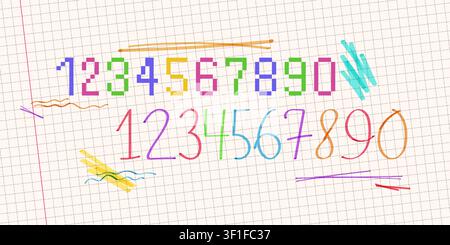 Hand drawn marker highlights, color numbers and underlines, vector school doodle or pixel font on grid paper background. Scribble elements for emphasi Stock Vector