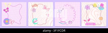 Girly y2k frame set with cute groovy icons on wireframe background. Vector set of square borders with dreamy pastel heart, butterfly and flower, abstr Stock Vector