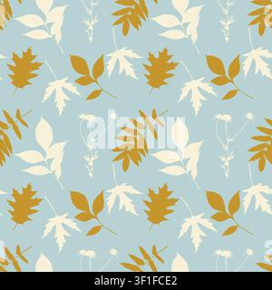 Seamless pattern with autumn oak, maple, and rowan leaves in mustard yellow and cream white colors on a light blue background for seasonal home decor, Stock Vector