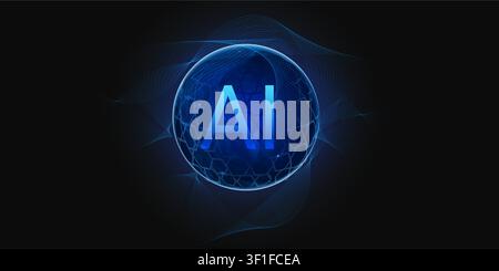 Abstract ai background, glowing globe with geometric mesh, neon lines of data stream, vector digital banner. Futuristic network connections on sphere, Stock Vector
