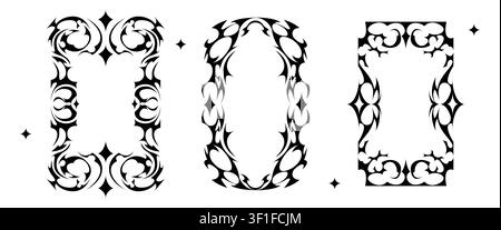 Tribal Y2K tattoo, gothic frames with abstract flame ornaments, sharp pattern, black vector set isolated on white background. Neo tribal rectangular, Stock Vector