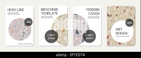 Note book cover design. Terrazzo abstract background made of natural stones, granite, quartz and marble. Venetian terrazzo texture note book template. Stock Vector