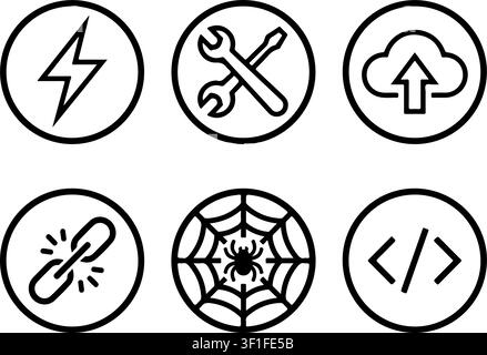 Six SEO and web development circular line icons including lightning bolt, tools, cloud upload, link, spider web, and code Stock Vector