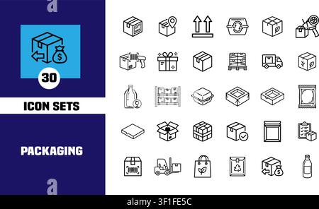Collection of 30 packaging and delivery line icons including shipping box, forklift, truck, bottle, shelf, and eco bag symbols Stock Vector