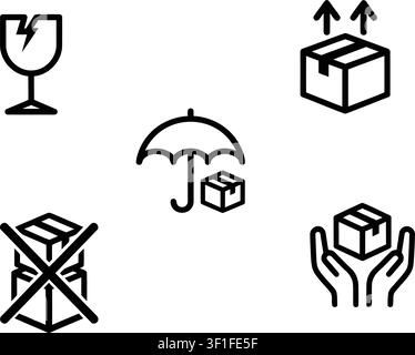 Five essential packaging handling symbols including fragile glass, this side up, keep dry umbrella, do not stack, and handle with care Stock Vector