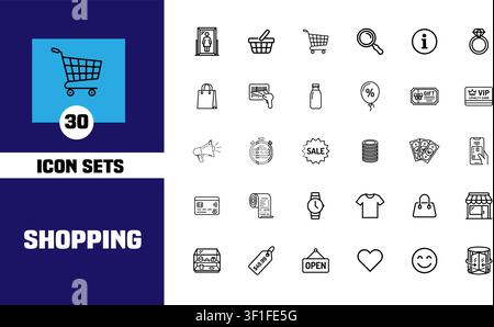 Collection of 30 shopping and retail line icons including cart, basket, sale tag, gift voucher, and store front symbols Stock Vector