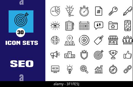 Collection of 30 SEO and digital marketing line icons including target, chart, funnel, stopwatch, globe, and analytics symbols Stock Vector
