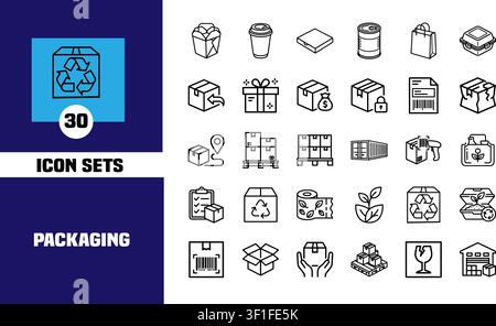 Collection of 30 packaging and shipping line icons including recycle box, gift box, container, warehouse, and eco packaging Stock Vector