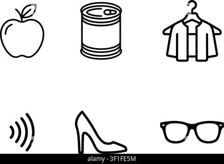 Six shopping and lifestyle line icons including apple fruit, tin can, clothes hanger, wifi signal, high heel shoe, and glasses Stock Vector