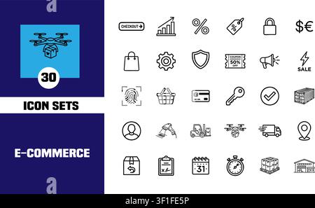 Collection of 30 e-commerce and online shopping line icons including drone delivery, checkout, coupon, and logistics symbols Stock Vector