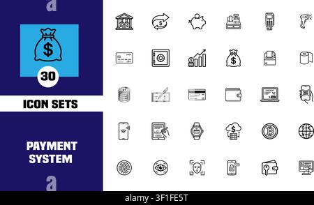 Collection of 30 payment system and banking line icons including money bag, credit card, safe, piggy bank, and digital payment Stock Vector