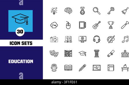 Collection of 30 education and learning line icons including graduation cap, book, brain, medal, guitar, and school symbols Stock Vector