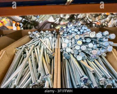 A close-up view of various bolts and screws arranged neatly in containers, showcasing their metallic finish and designs Stock Photo