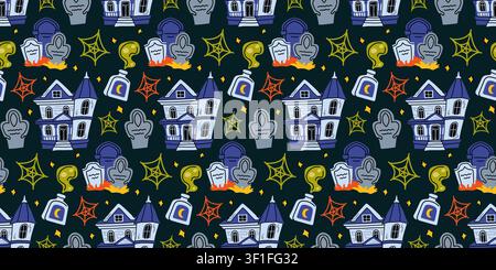 Haunted house and graveyard spooky Halloween seamless vector pattern for paper product Stock Vector