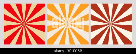 Set of three retro starburst panels in red, orange, and dark red tones, geometric radial patterns with vintage distressed texture for posters and crea Stock Photo
