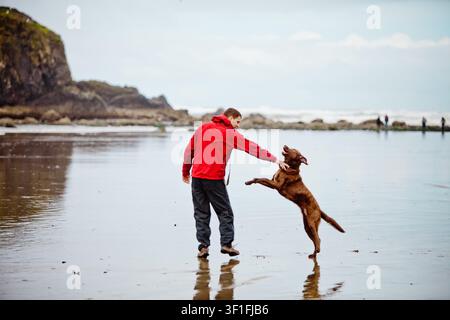 Man in a red jacket plays with his happy dog on the beach Stock Photo