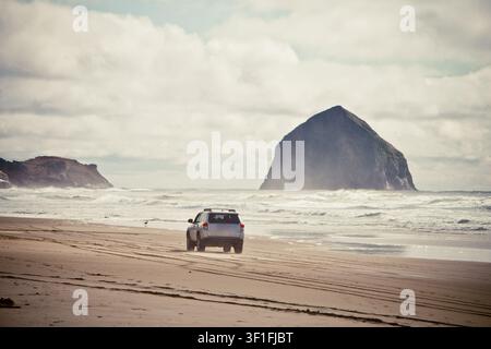 Four wheel drive exploring a scenic Pacific coast beach Stock Photo