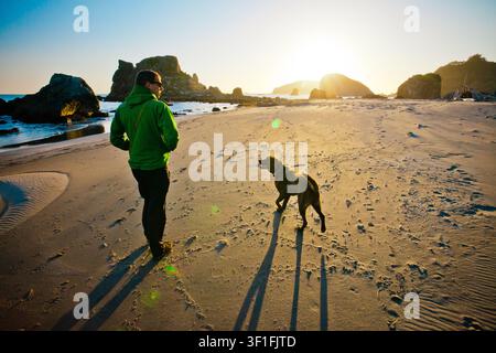 Man and his dog walking on a sandy beach at sunset Stock Photo
