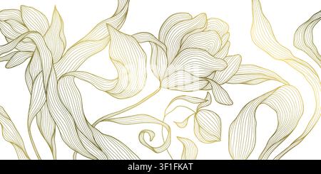 Luxury floral pattern with elegant golden line peonies, leaves, botanical ornament, Chinese and Japanese art. Wedding invitation, greeting card Stock Vector