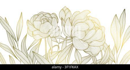 Luxury floral pattern with elegant golden line peonies, leaves, botanical ornament, Chinese and Japanese art. Wedding invitation, greeting card Stock Vector