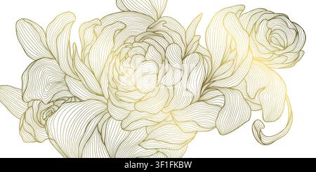 Luxury floral pattern with elegant golden line peonies, leaves, botanical ornament, Chinese and Japanese art. Wedding invitation, greeting card Stock Vector