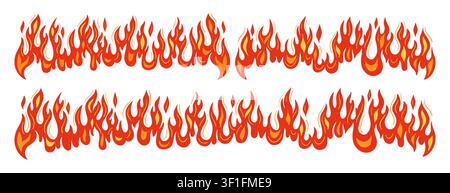Fire flame frame cartoon set. Hand drawn fire wall, border, hot frame burning isolated vector. Hot blaze symbols, sticker for car tattoo, gas, grill symbol graphic design Stock Vector