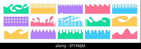 Separator header shape set. Colorful section dividers for website, app, banner, web page. Modern bottom, top border, headline design element or footers with wavy line, drops, drips on white background Stock Vector