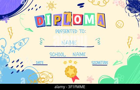 School diploma template for children, kids in kindergarten or primary grades with doodle line art elements, crayon pencil sketch icons. Child education certificate with hand drawing charcoal squiggles Stock Vector