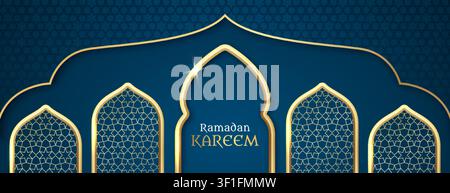 Ramadan Kareem poster with mosque silhouette, arabic golden frames, islamic arch shape. Banner with modern gold arabesque windows, moroccan borders with traditional muslim ornament on dark background Stock Vector