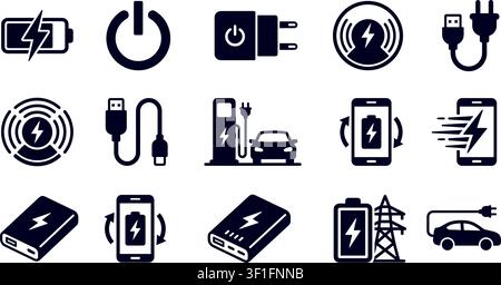 Electricity icon set. Containing smart home, EV car, solar, eco energy, transformer, circuit and more. Solid vector icons collection. Stock Vector
