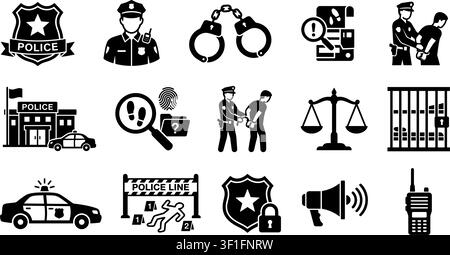 vector police solid icon set Stock Vector