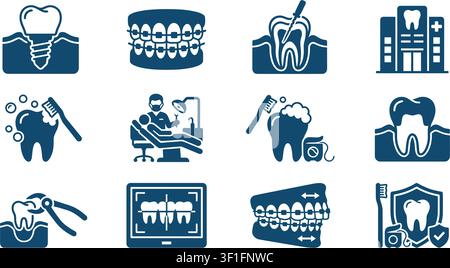 Dental icon set. Containing tooth, dentist, toothpaste, toothbrush, teeth, implant and dentistry icons. Solid icon collection. Vector illustration. Stock Vector