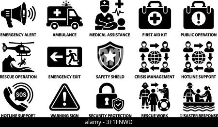 emergency solid icon set. urgent, medical, safety, exit, rescue, crisis, help, hotline, alert, ambulance, assistance, security. editable glyph vector Stock Vector