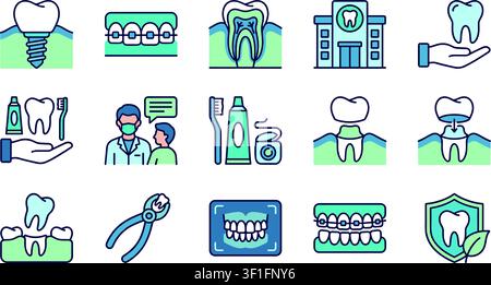 Dental icon set. Containing tooth, dentist, toothpaste, toothbrush, teeth, implant and dentistry icons. Solid icon collection. Vector illustration. Stock Vector