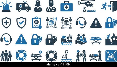 emergency solid icon set. urgent, medical, safety, exit, rescue, crisis, help, hotline, alert, ambulance, assistance, security. editable glyph vector Stock Vector