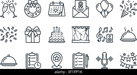 A collection of Event Planning icons set with editable stroke, including party, celebration, Holiday, event, entertainment, organization, decoration, Stock Vector