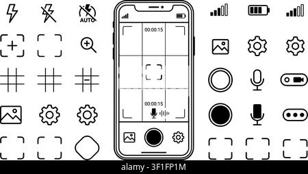 Camera interface. Photo and video viewfinder screen. Mobile phone UI UX video elements, digital display, frame, battery, button icon. Smartphone web t Stock Vector