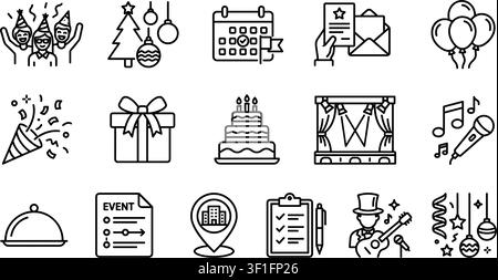A collection of Event Planning icons set with editable stroke, including party, celebration, Holiday, event, entertainment, organization, decoration, Stock Vector